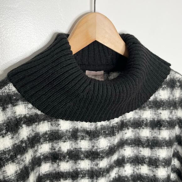 Chicos Woven Knit Poncho Sweater Womens S/M Black White Houndstooth Turtleneck - Picture 6 of 12